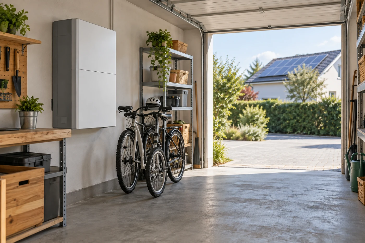 Geschlossener Batteriespeicher in einer geordneten Garage