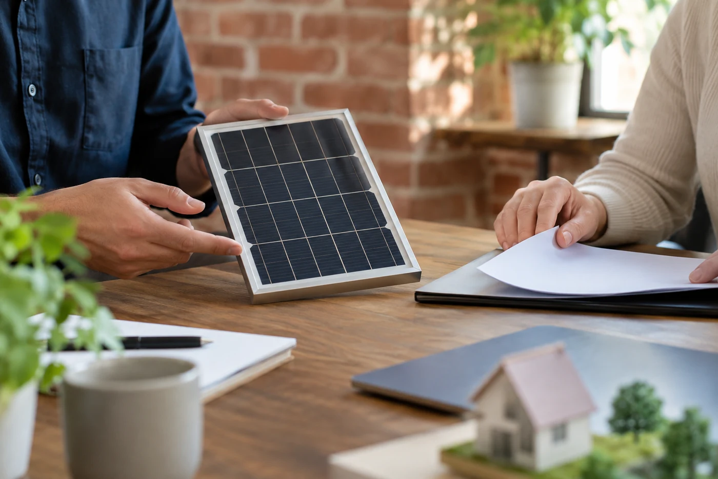 Solarmodulmuster und Unterlagen bei einer Besprechung