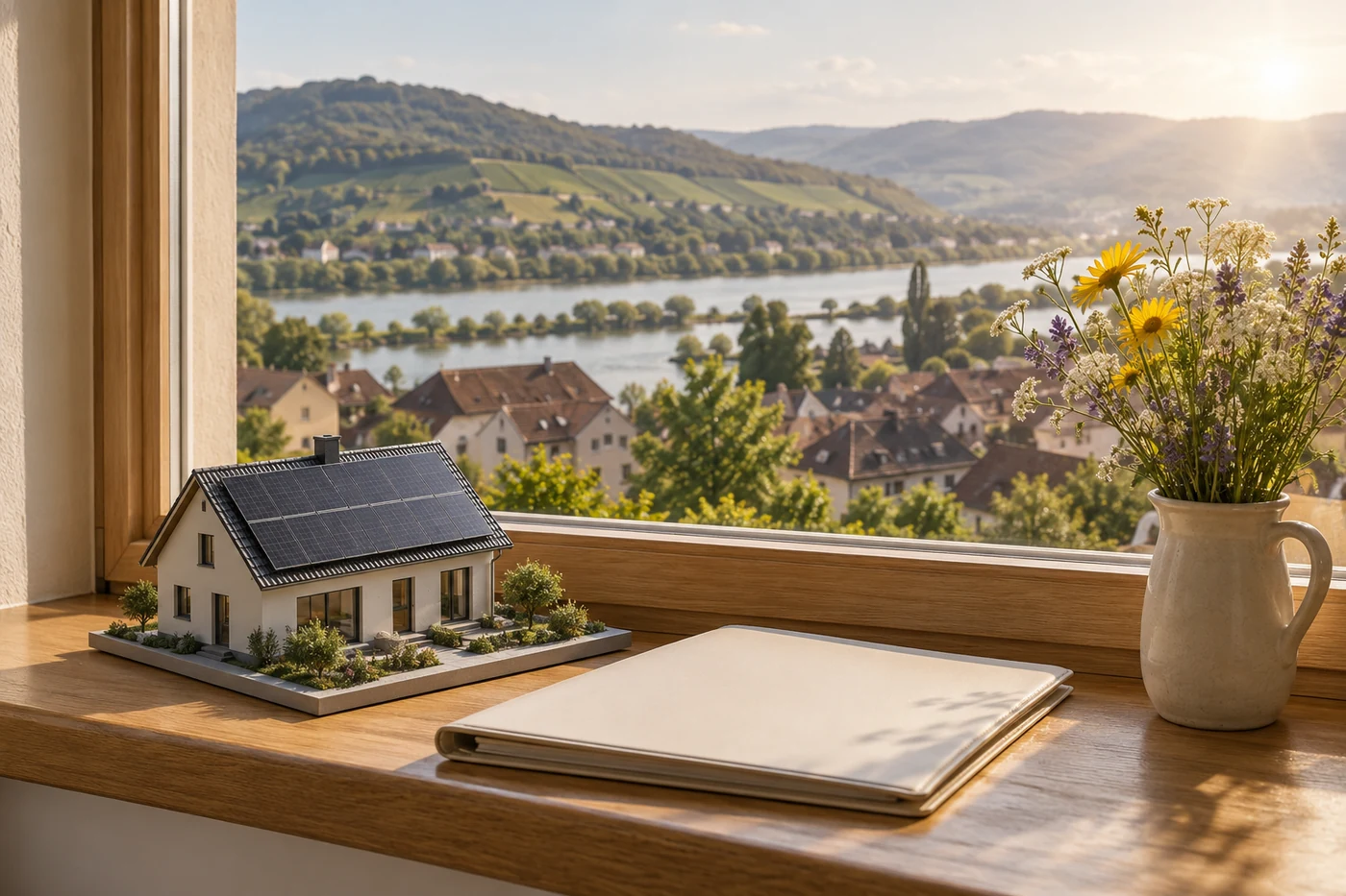 Dachmodell und Angebotsmappe an einem Fenster mit Flussblick