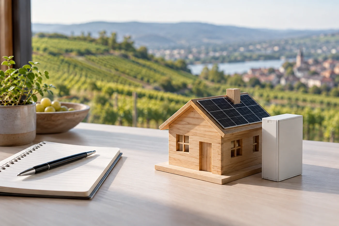 Hausmodell mit Solarmodulen und einem Speichermodell neben einem Planungsheft