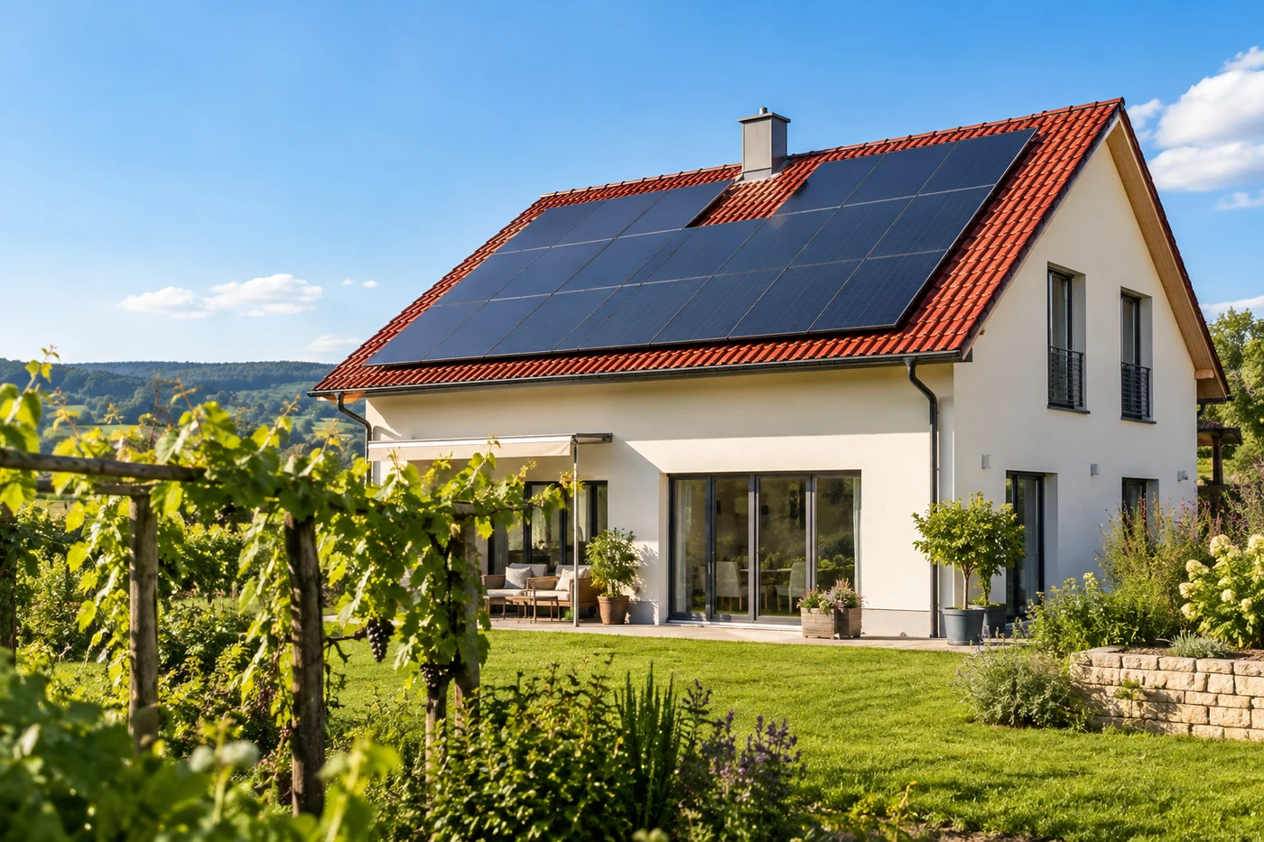 Solardach eines Wohnhauses neben einem Garten mit Weinreben