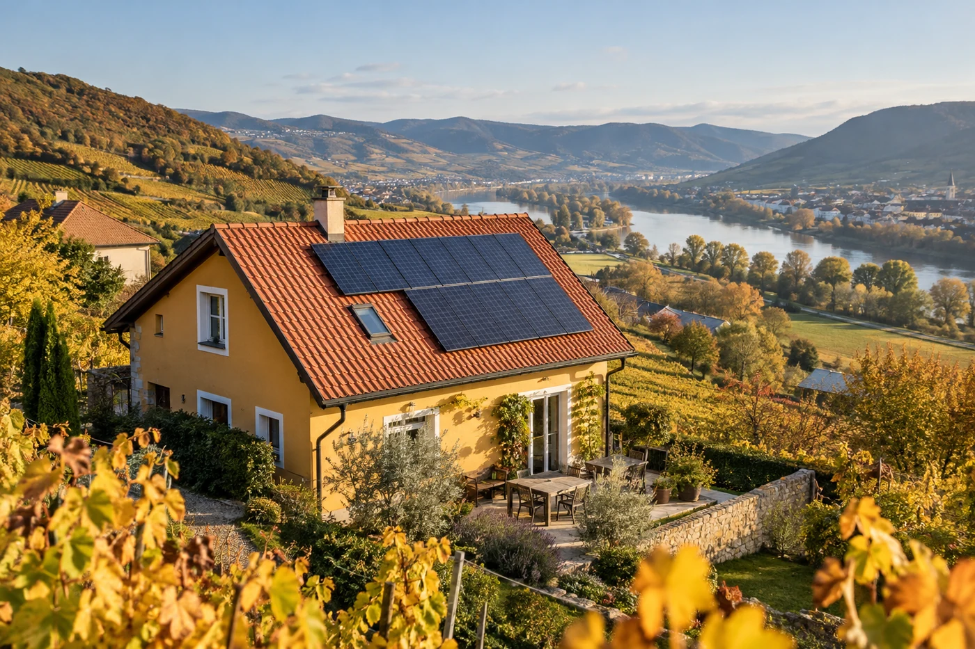 Solardach eines Wohnhauses mit Weinbergen im Hintergrund