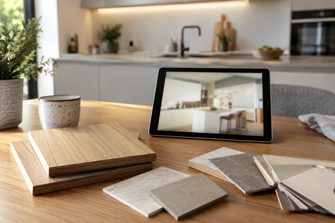 Materialmuster und ein Tablet in einer Küche