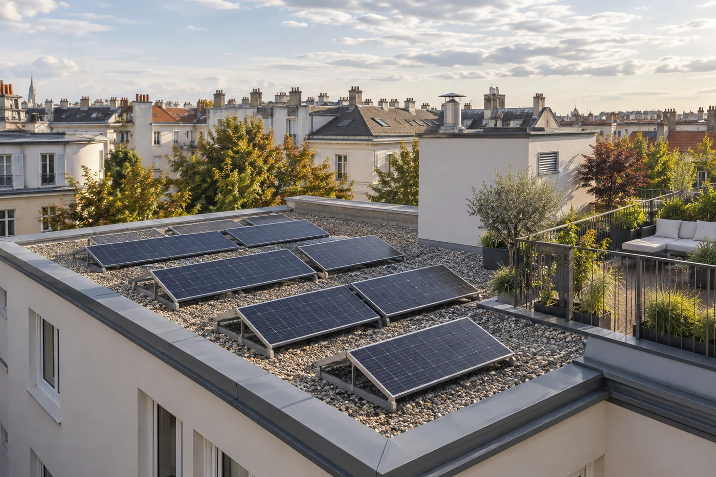 Solarmodule auf einem Flachdach neben einer bepflanzten Dachterrasse