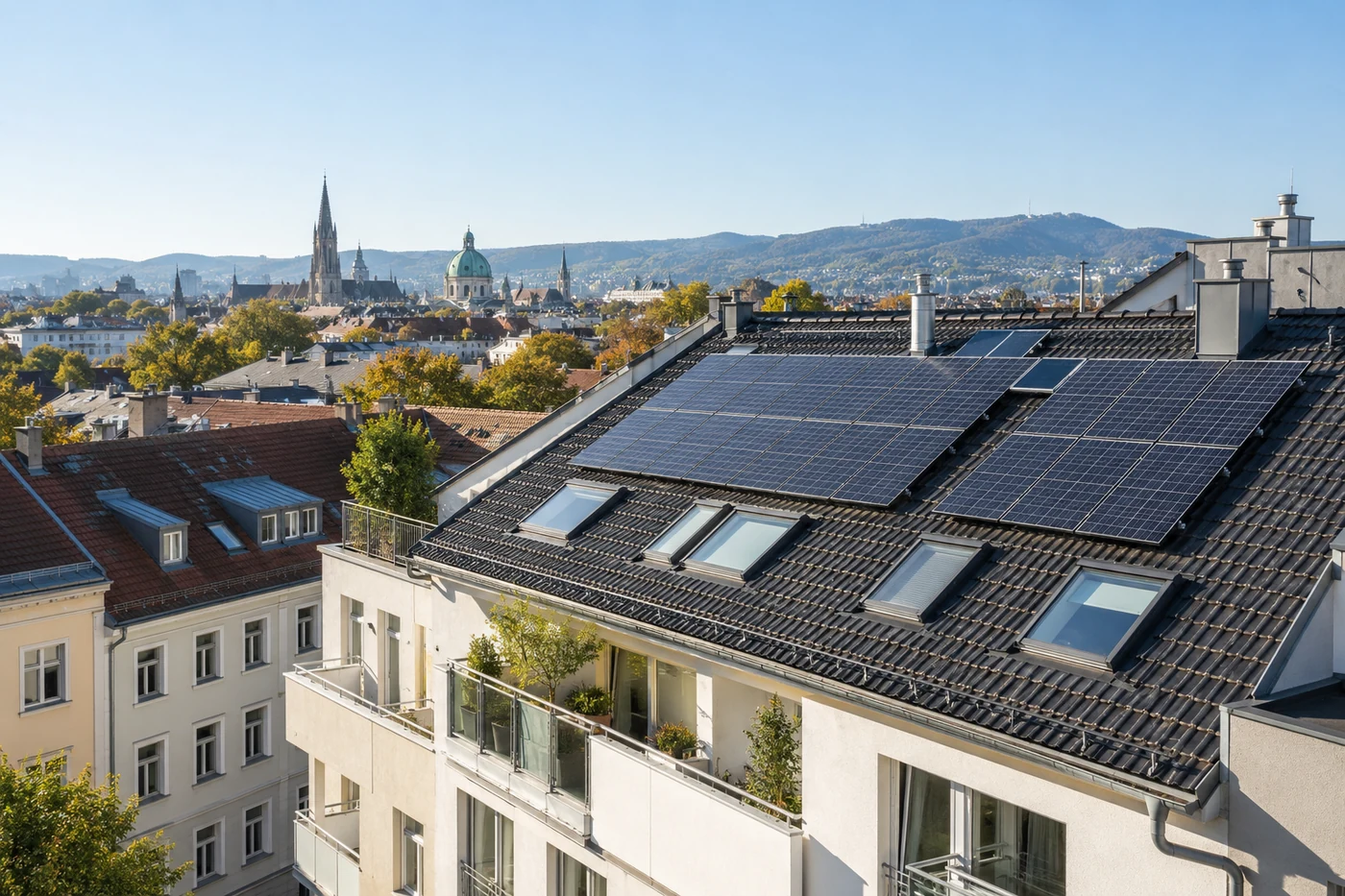 Solarmodule auf einem geneigten Dach im Stadtquartier