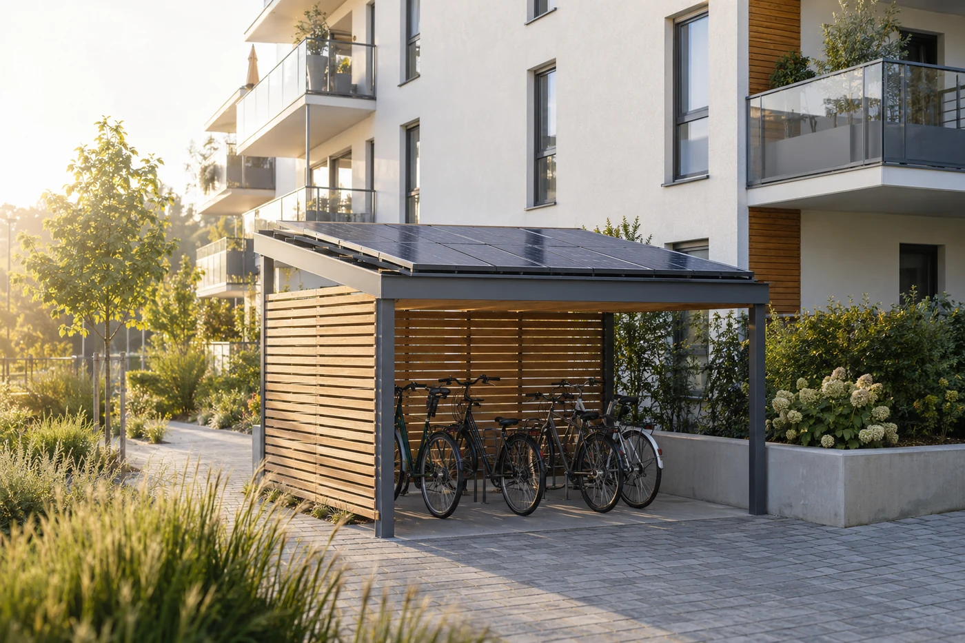 Wohngebäude mit Solarmodulen auf einem niedrigen Vordach
