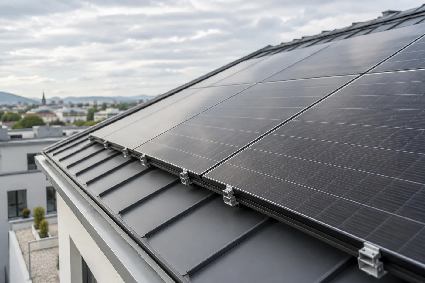 Solarmodule auf einem anthrazitfarbenen Stehfalzdach im weichen Tageslicht.
