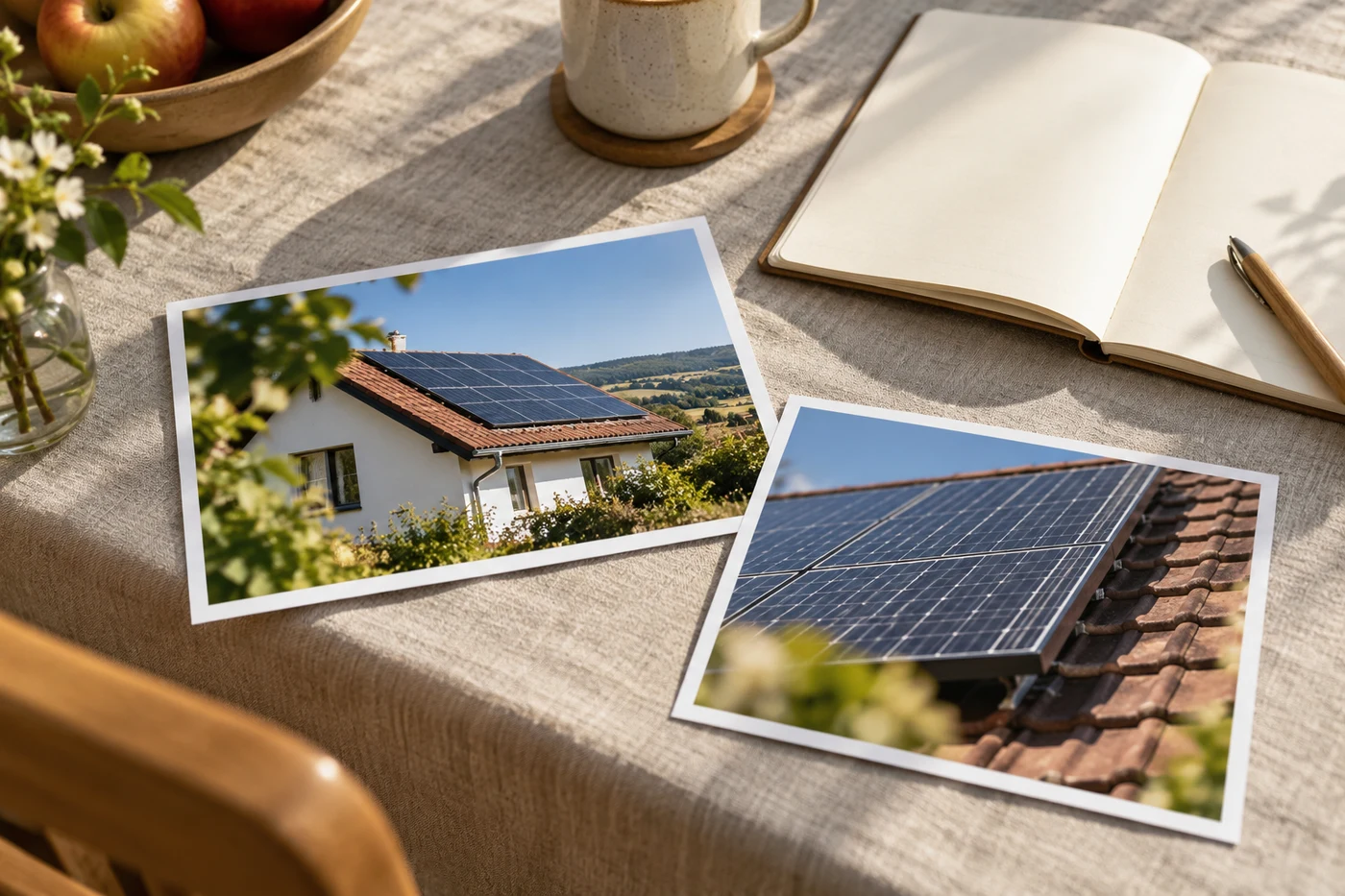 Fotos eines Solardachs neben einem unbeschrifteten Notizbuch