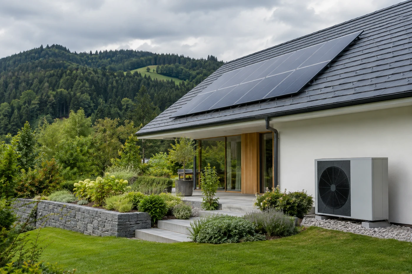 Haus mit Solarmodulen und einer Wärmepumpe am Rand eines Gartens