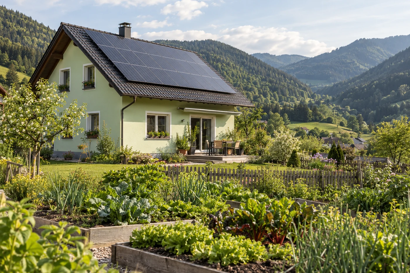 Wohnhaus mit Photovoltaikdach vor grünen Hügeln