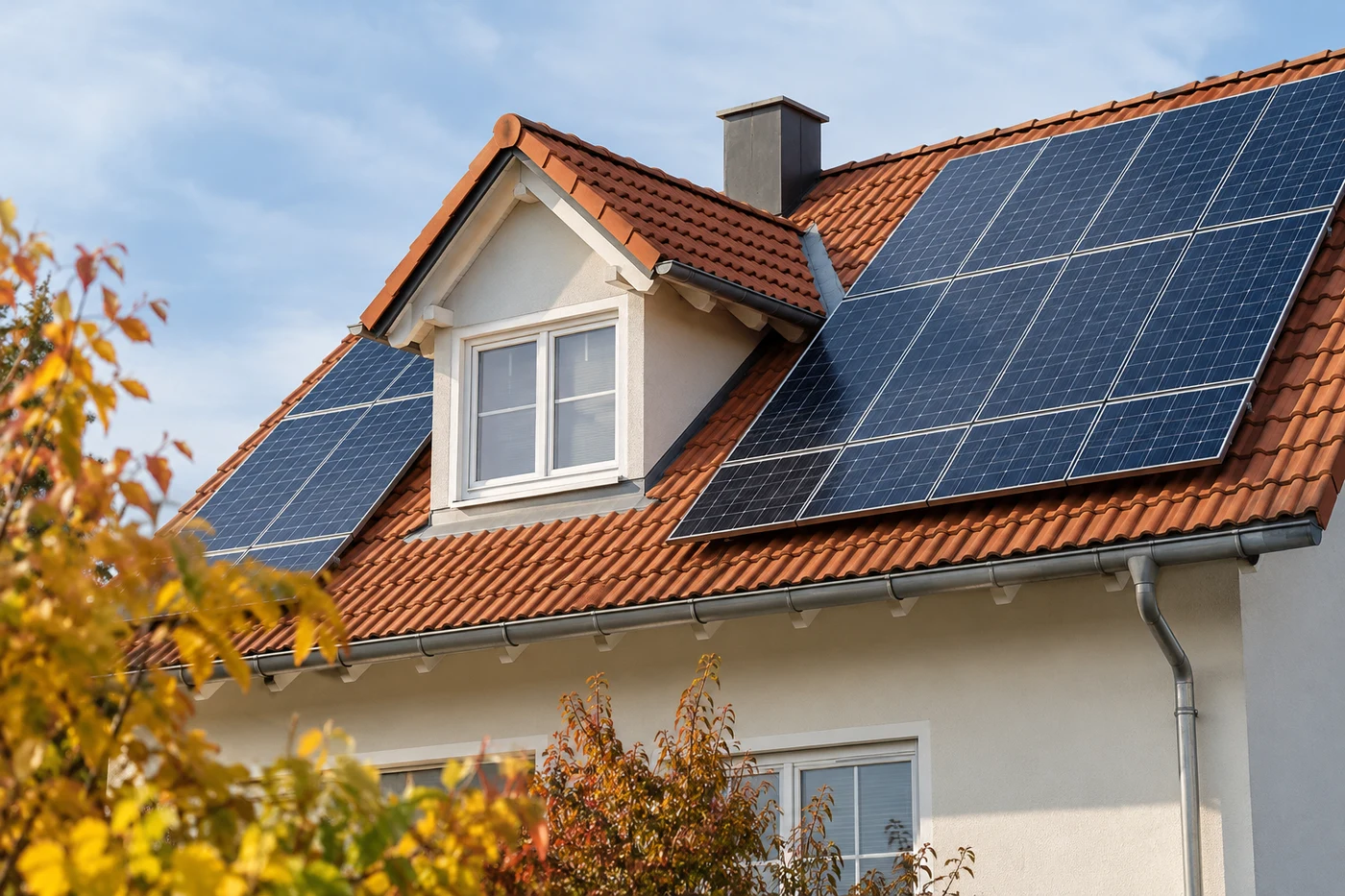 Solarmodule auf einem Ziegeldach neben einer kleinen Dachgaube