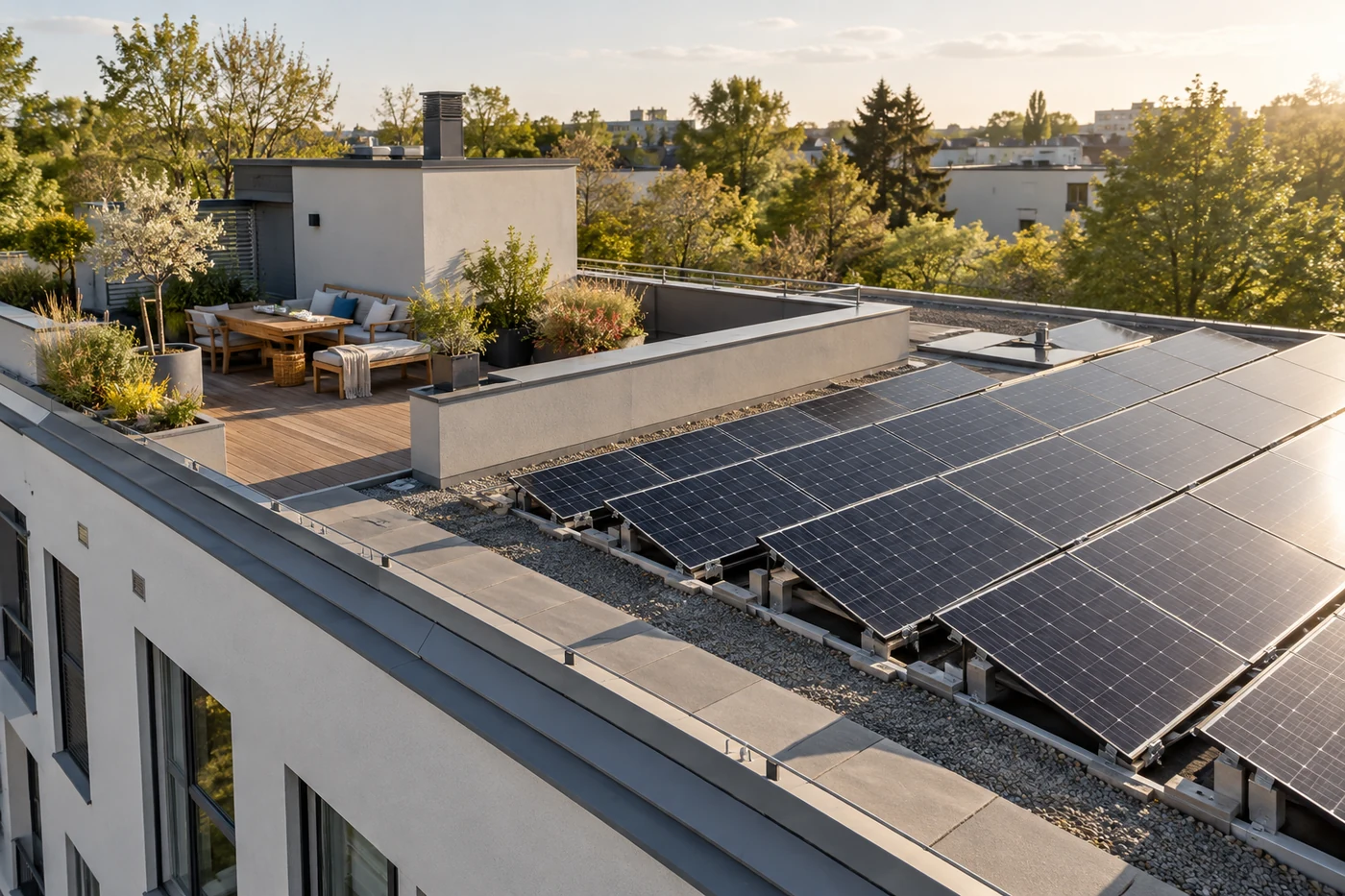 Dachterrasse neben einer Solarmodulfläche
