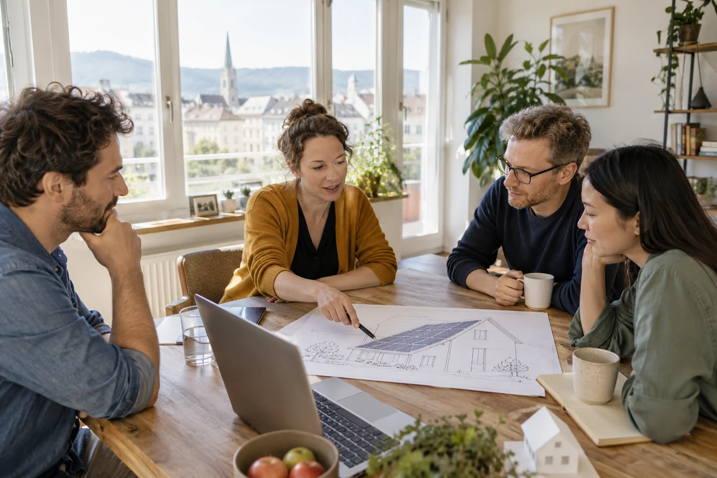 Vier Personen besprechen einen Dachplan
