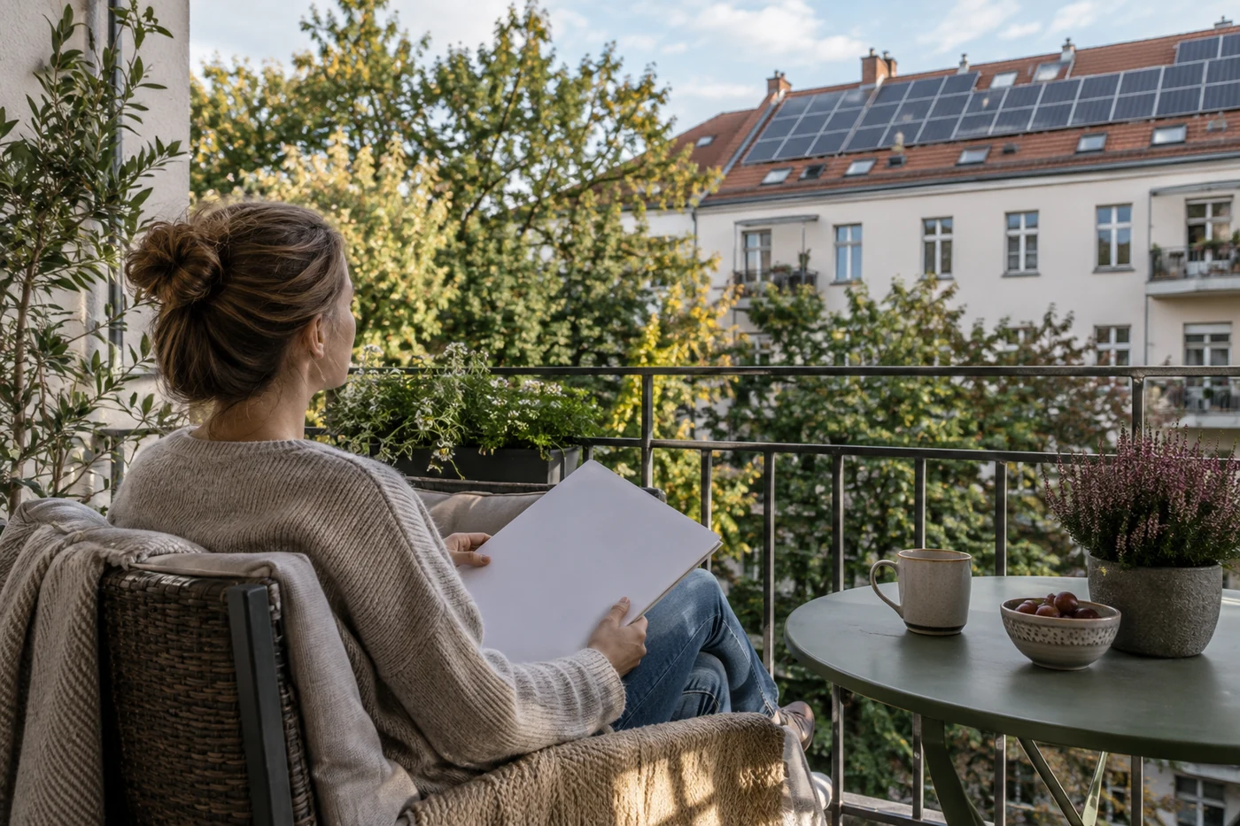 Person mit einer Mappe auf einem Balkon vor Wohnhäusern