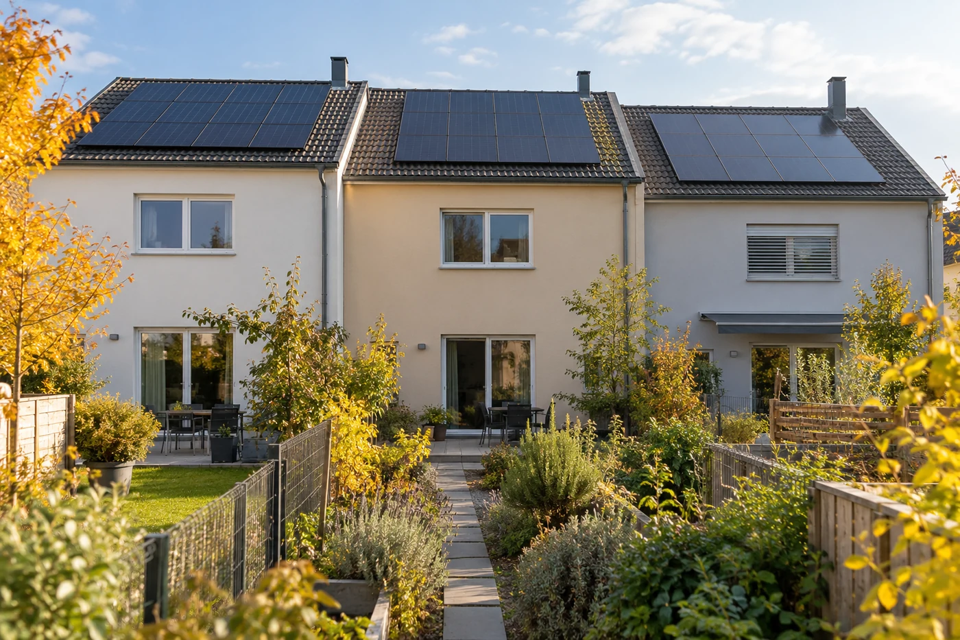 Reihenhäuser mit Solarmodulen entlang eines Gartenwegs