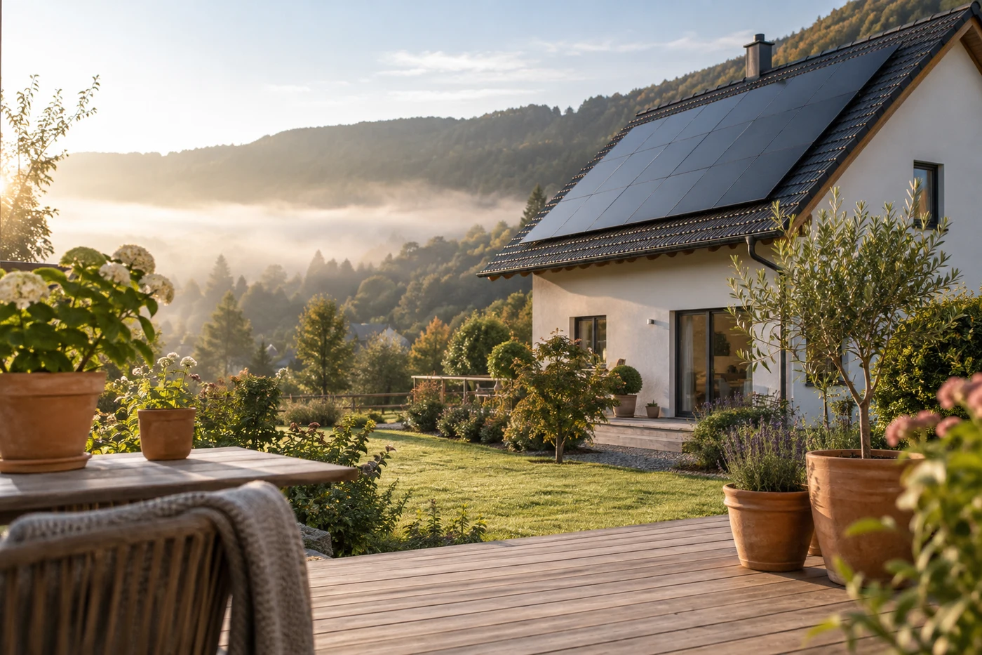 Haus mit Solardach und Holzterrasse vor einem bewaldeten Hang