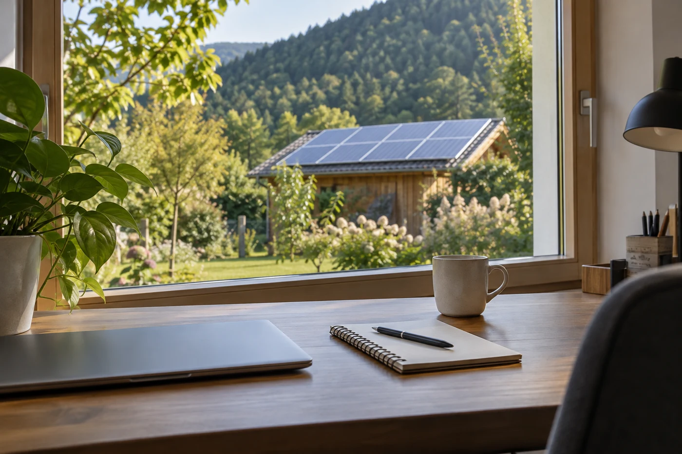 Arbeitsplatz am Fenster mit Notizbuch und Blick auf ein Solardach