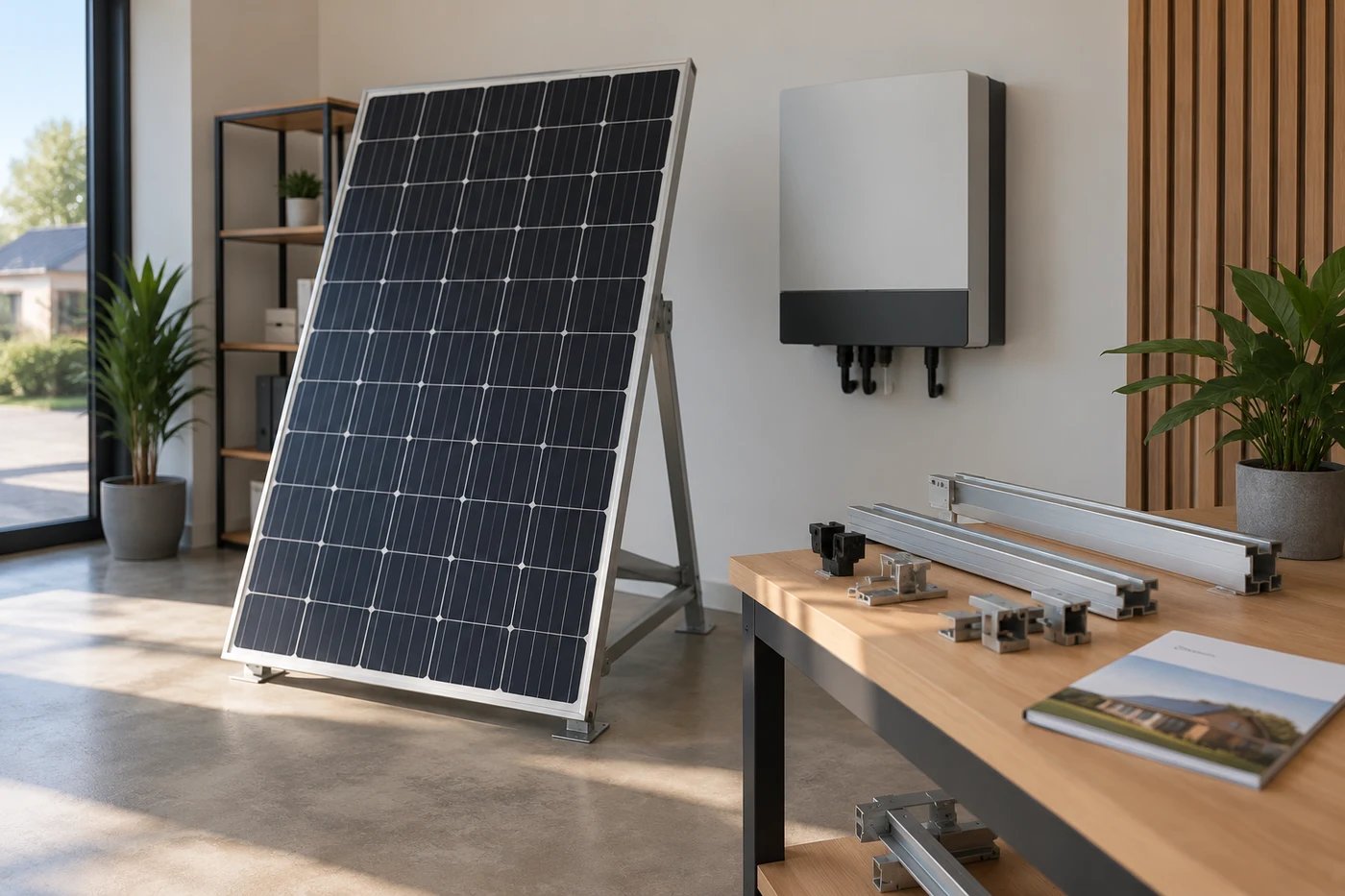 Solarmodul und Montagebauteile neben einer Angebotsmappe