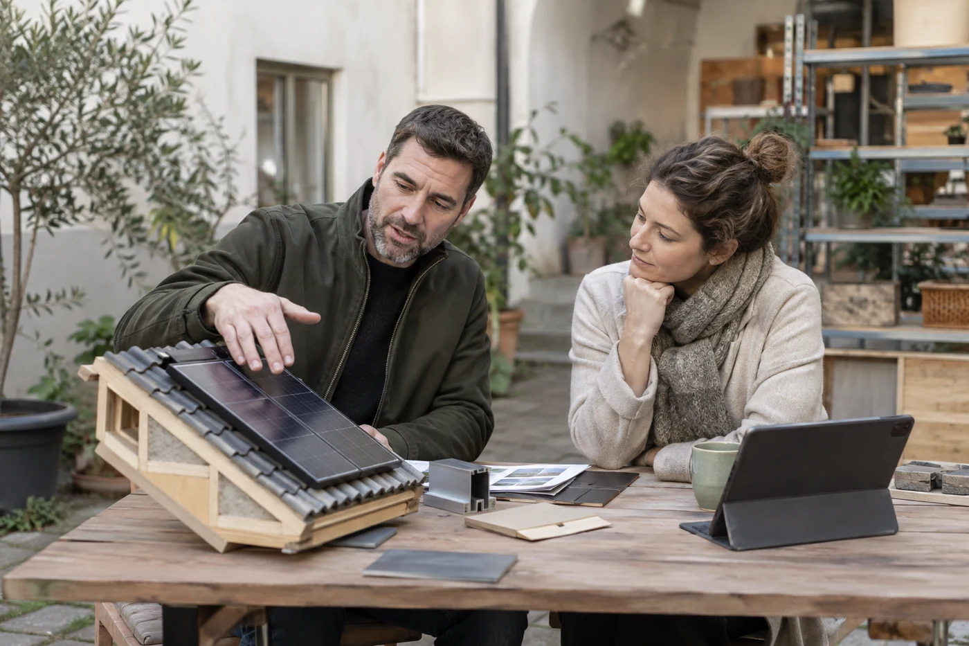 Zwei Personen besprechen PV-Bauteile an einem Beratungstisch