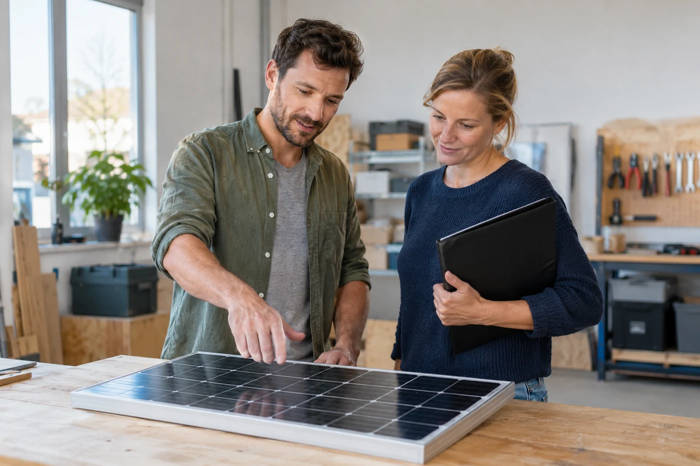 Zwei Personen betrachten ein Solarmodulmuster am Tisch