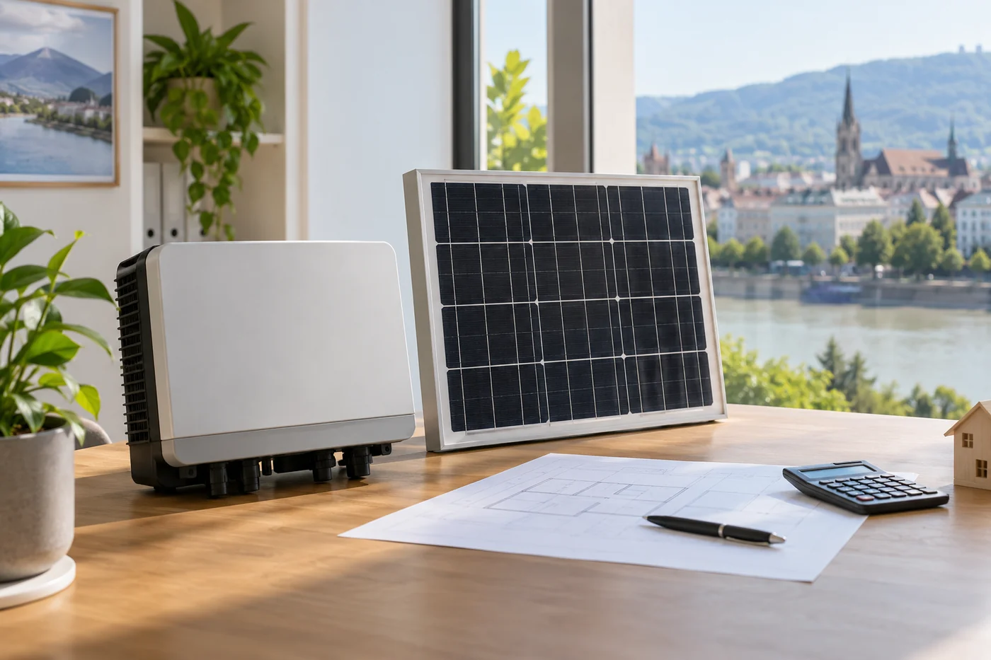 Solarmodulmuster und Wechselrichter auf einem Präsentationstisch