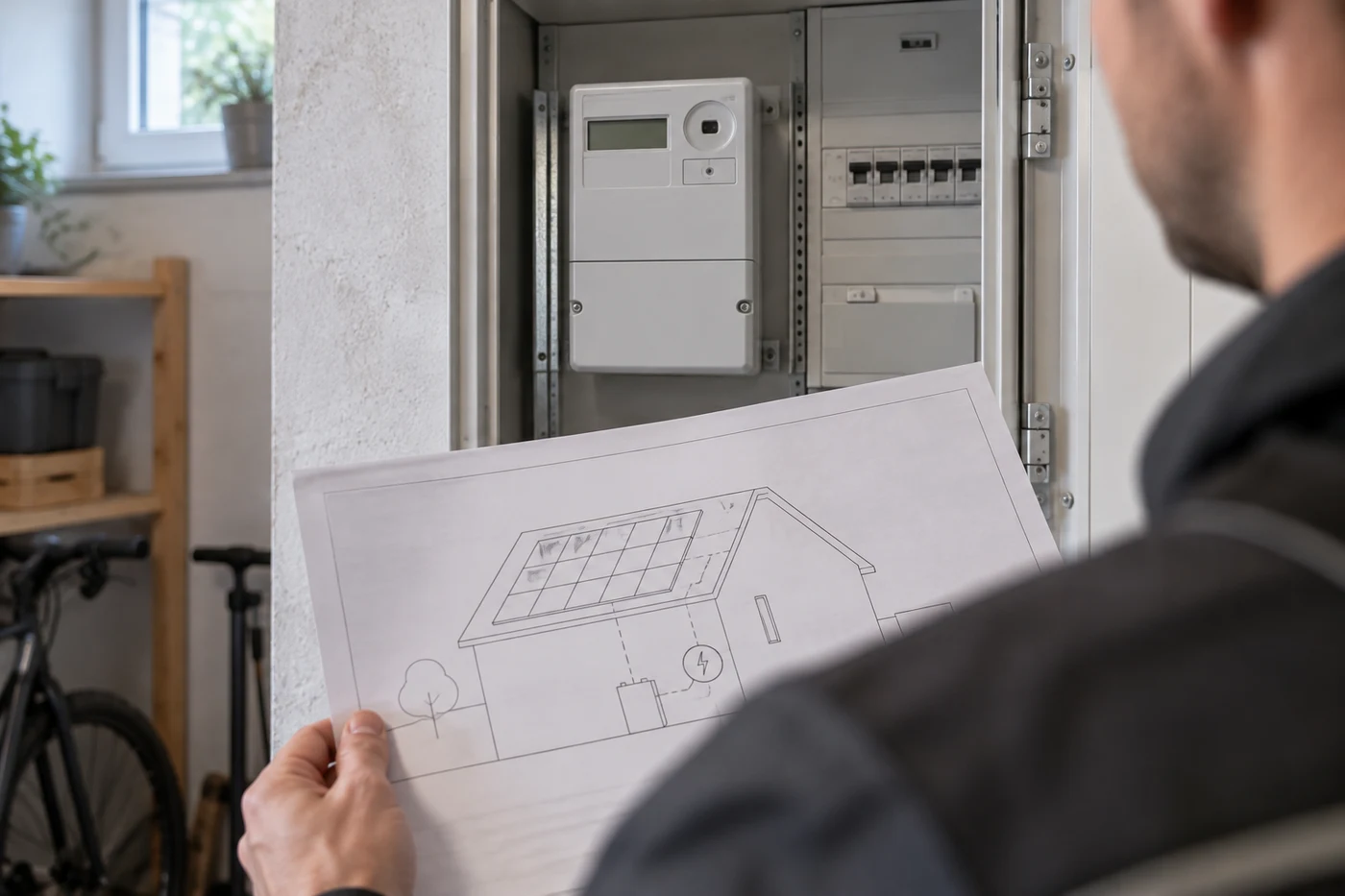Fachkraft mit einem Plan neben einem Zählerschrank im Keller