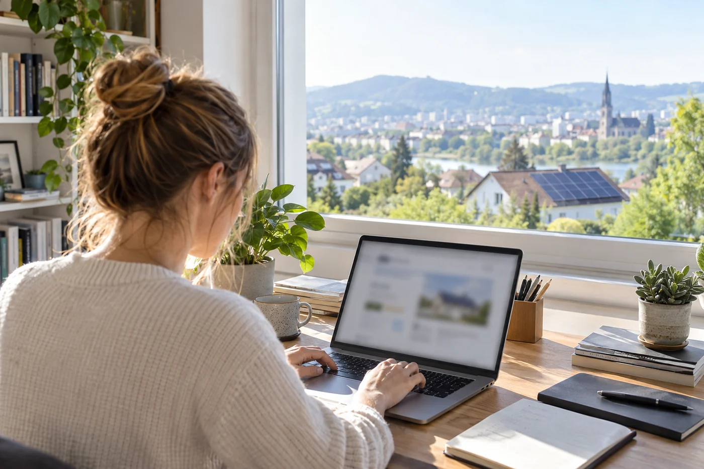 Frau stellt am Laptop eine Anfrage zur Solarplanung