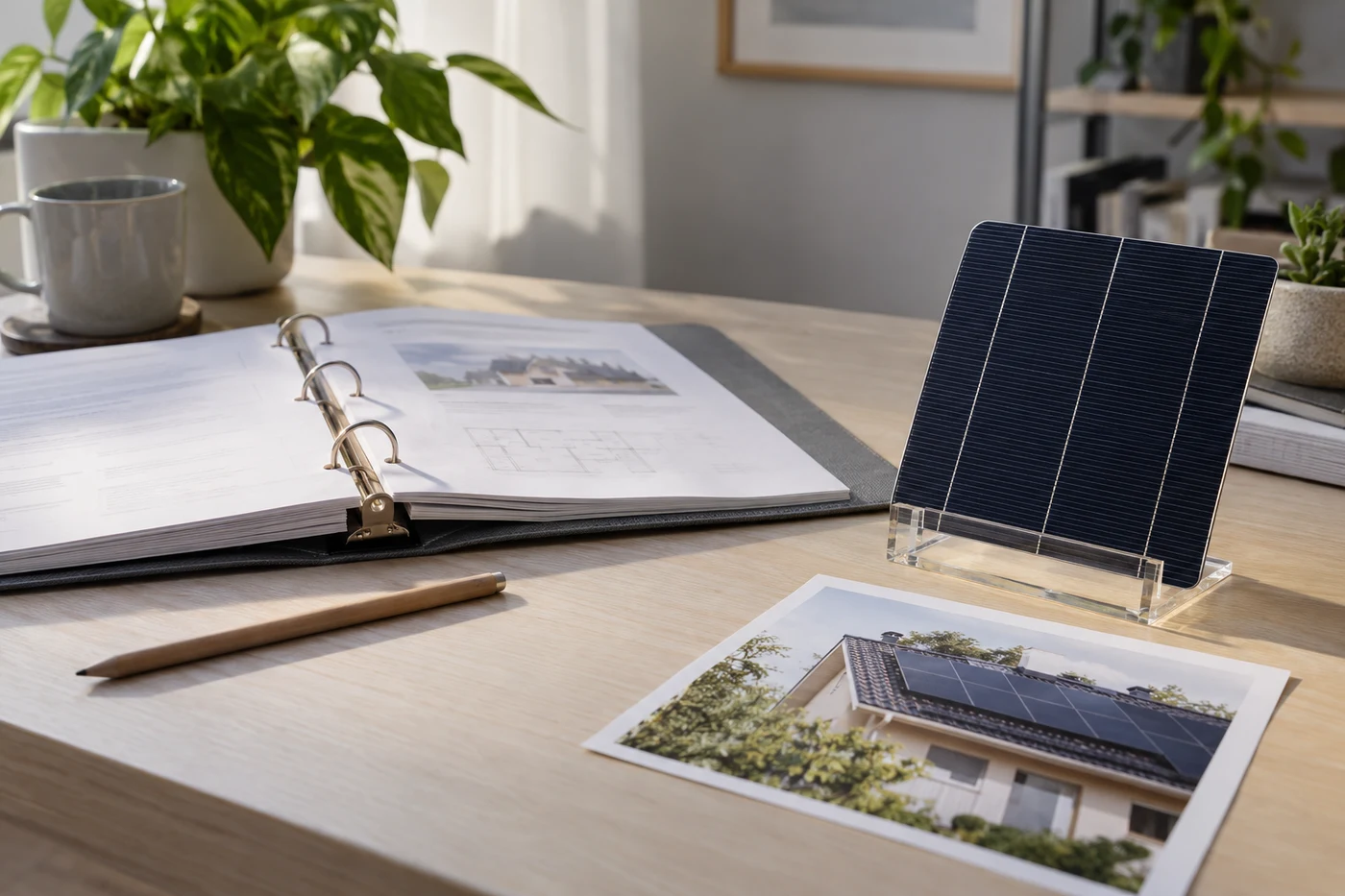 Projektunterlagen neben einem Solarmodul-Muster