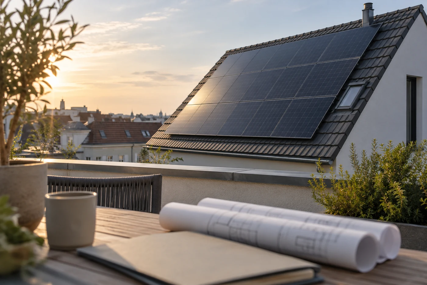 Solarmodule auf einem Stadtdach und Planungsmappe