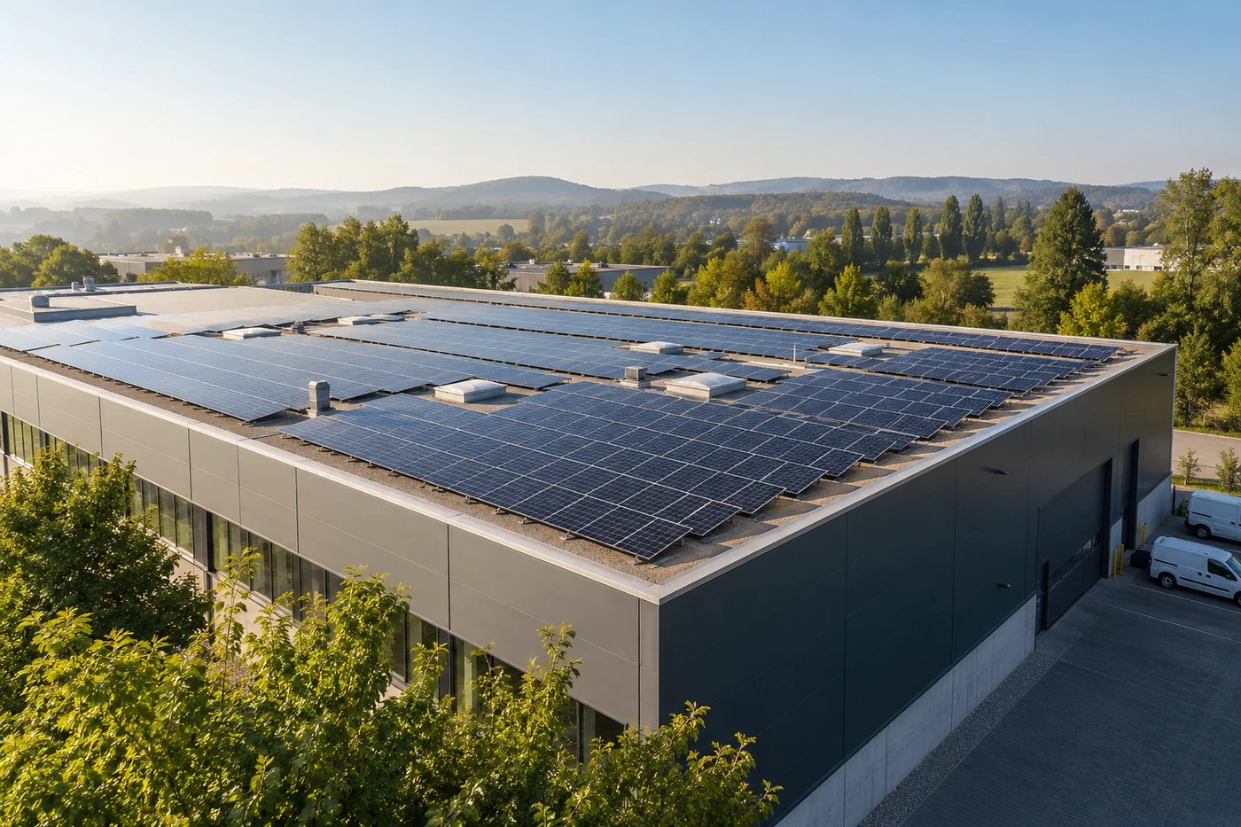 Solarmodule auf dem Dach eines Gewerbegebäudes