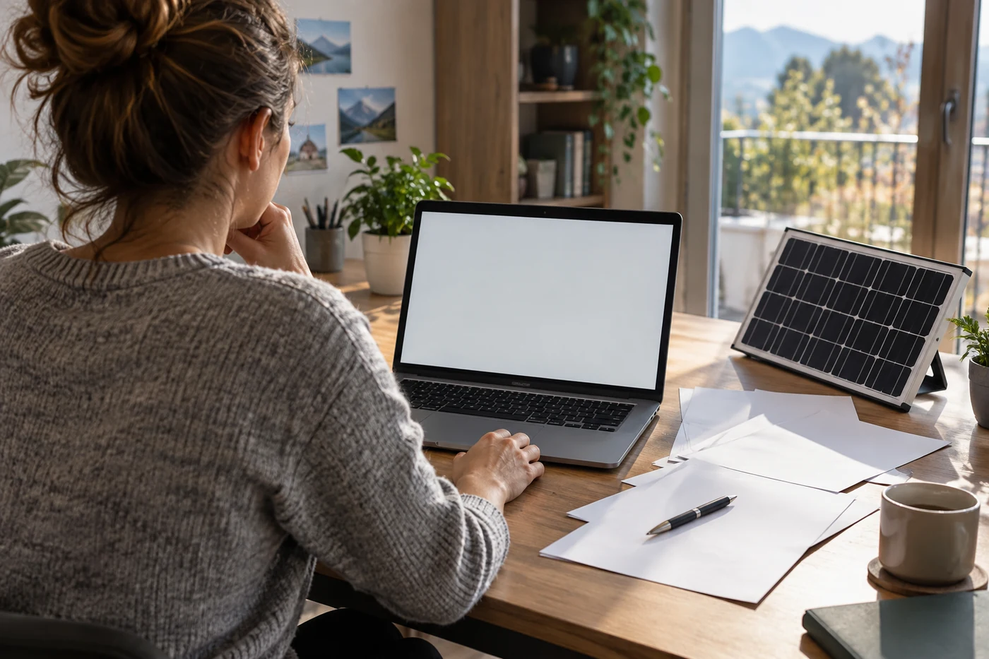 Person an einem Laptop mit Projektblättern und Solarmodulmuster