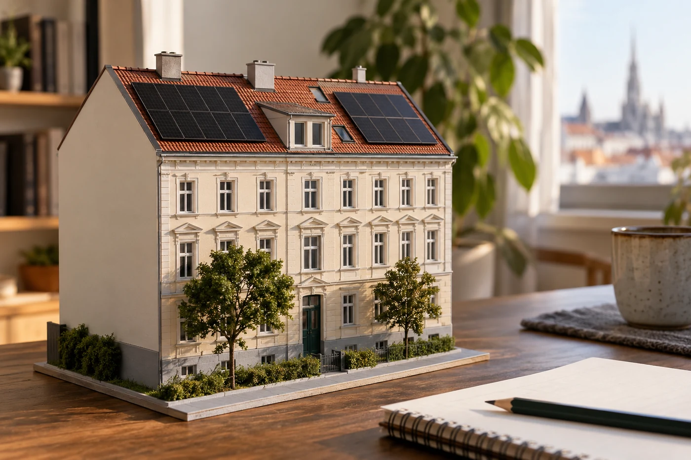 Gebäudemodell mit zwei Solarmodulfeldern auf dem Dach