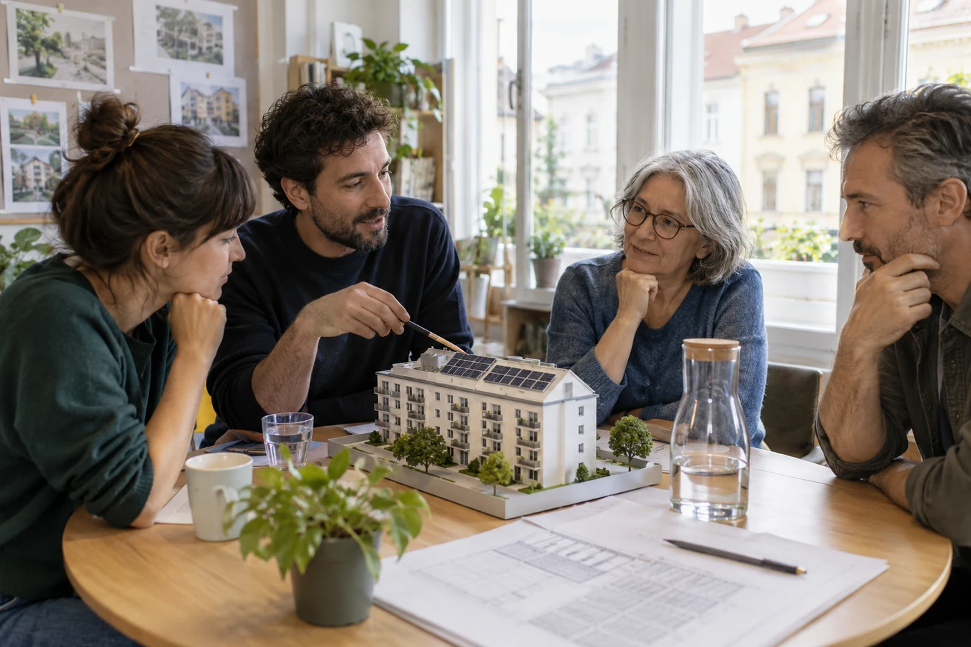 Vier Personen besprechen ein Hausmodell am Tisch