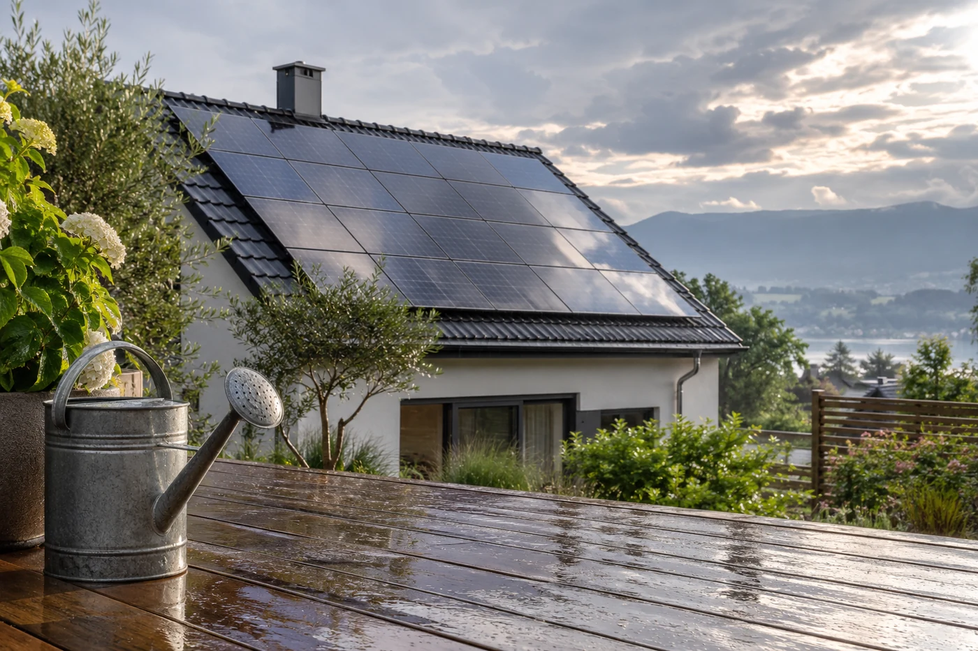 Solarmodule auf einem Dach hinter einer nassen Terrasse