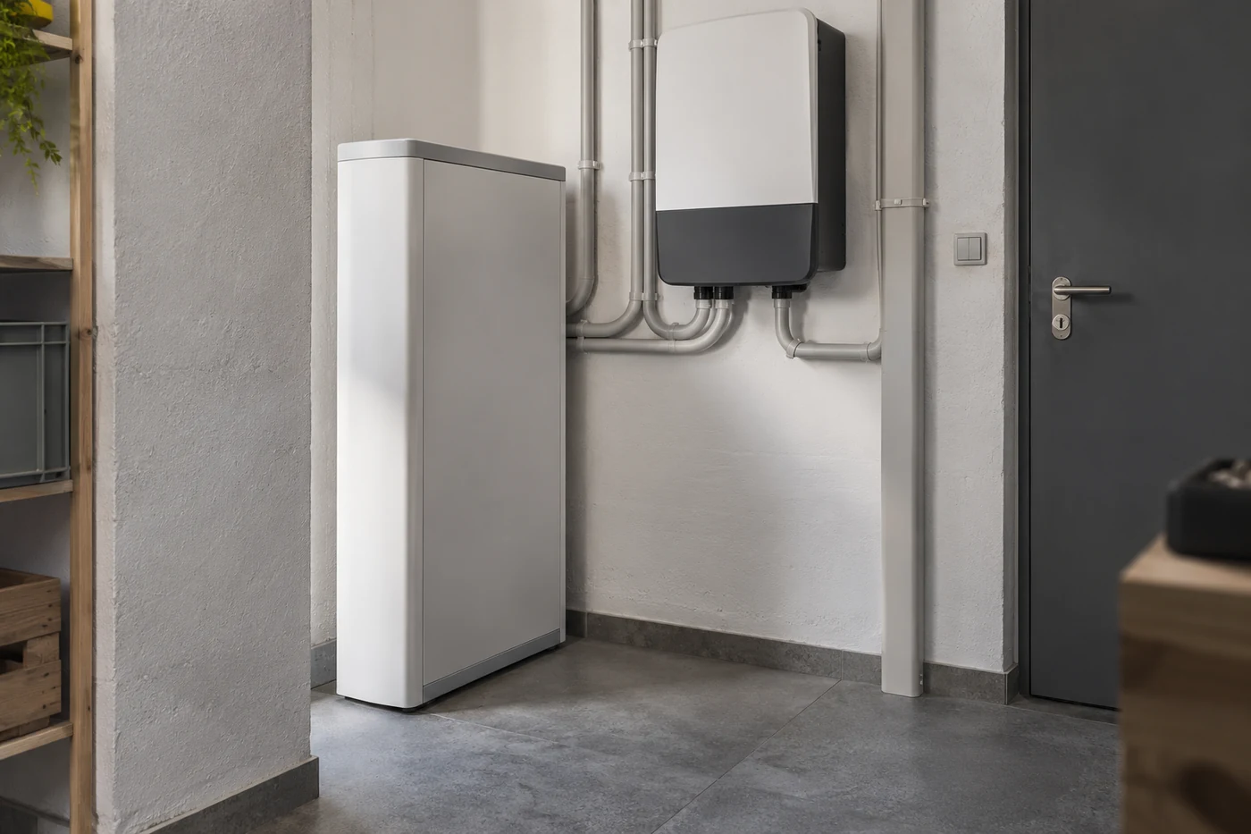 Geschlossener Speicher und Wechselrichter neben einer schmalen Technikraumtür.
