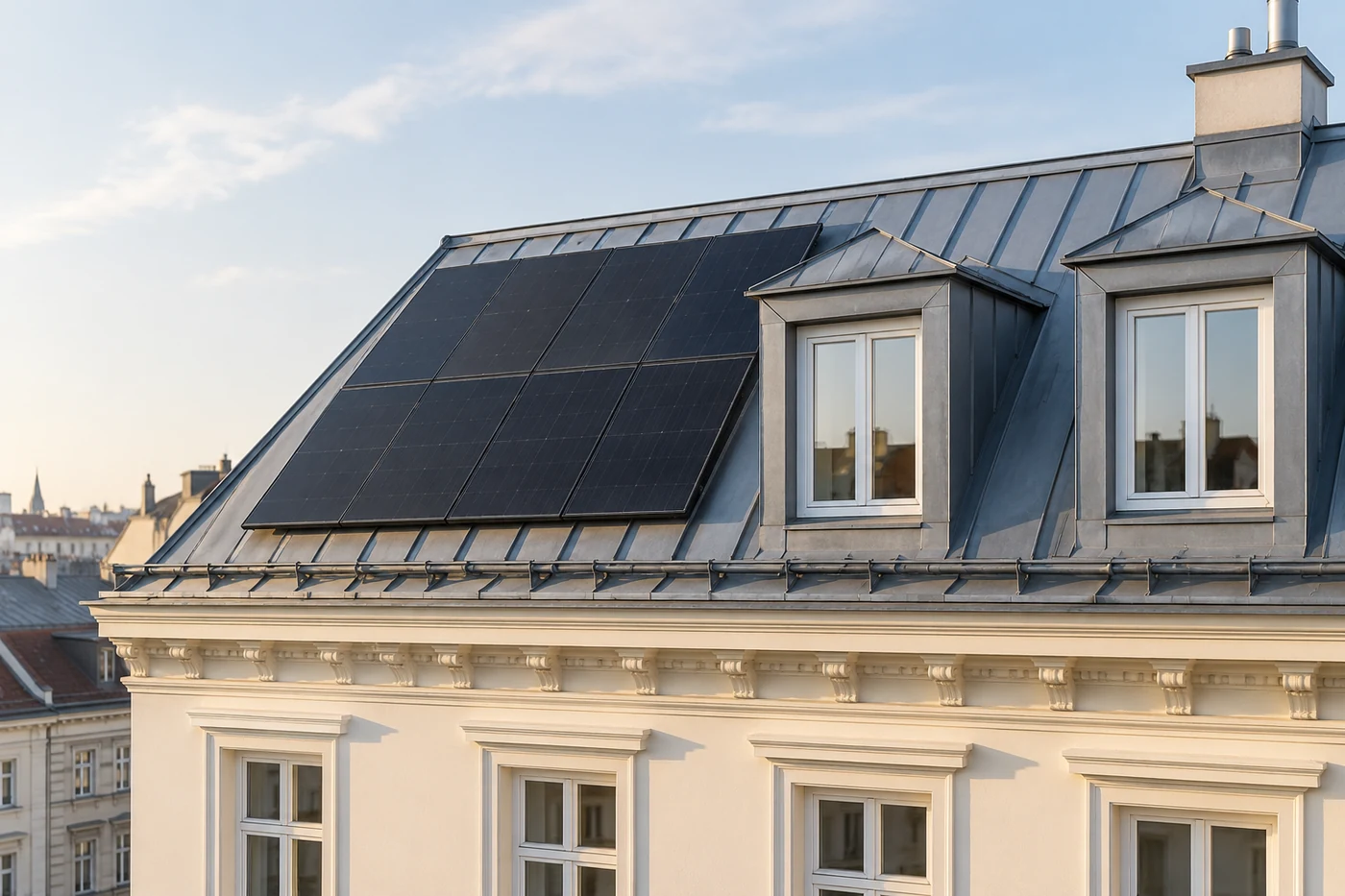 Solarmodule neben Dachfenstern auf einem Zinkblechdach