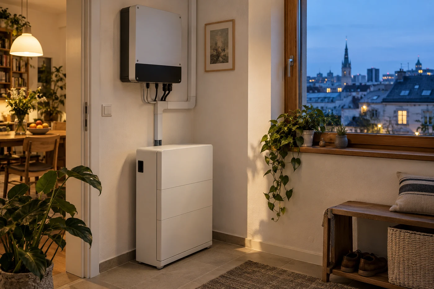 Speicherschrank und Wechselrichter bei Abendlicht