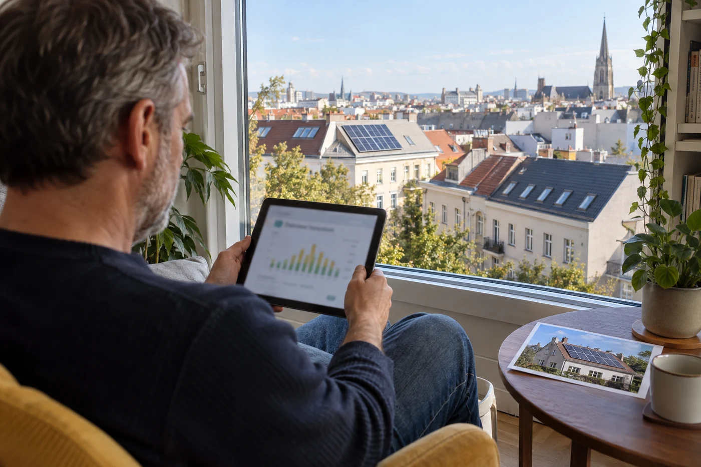Person mit Tablet an einem Fenster über der Stadt