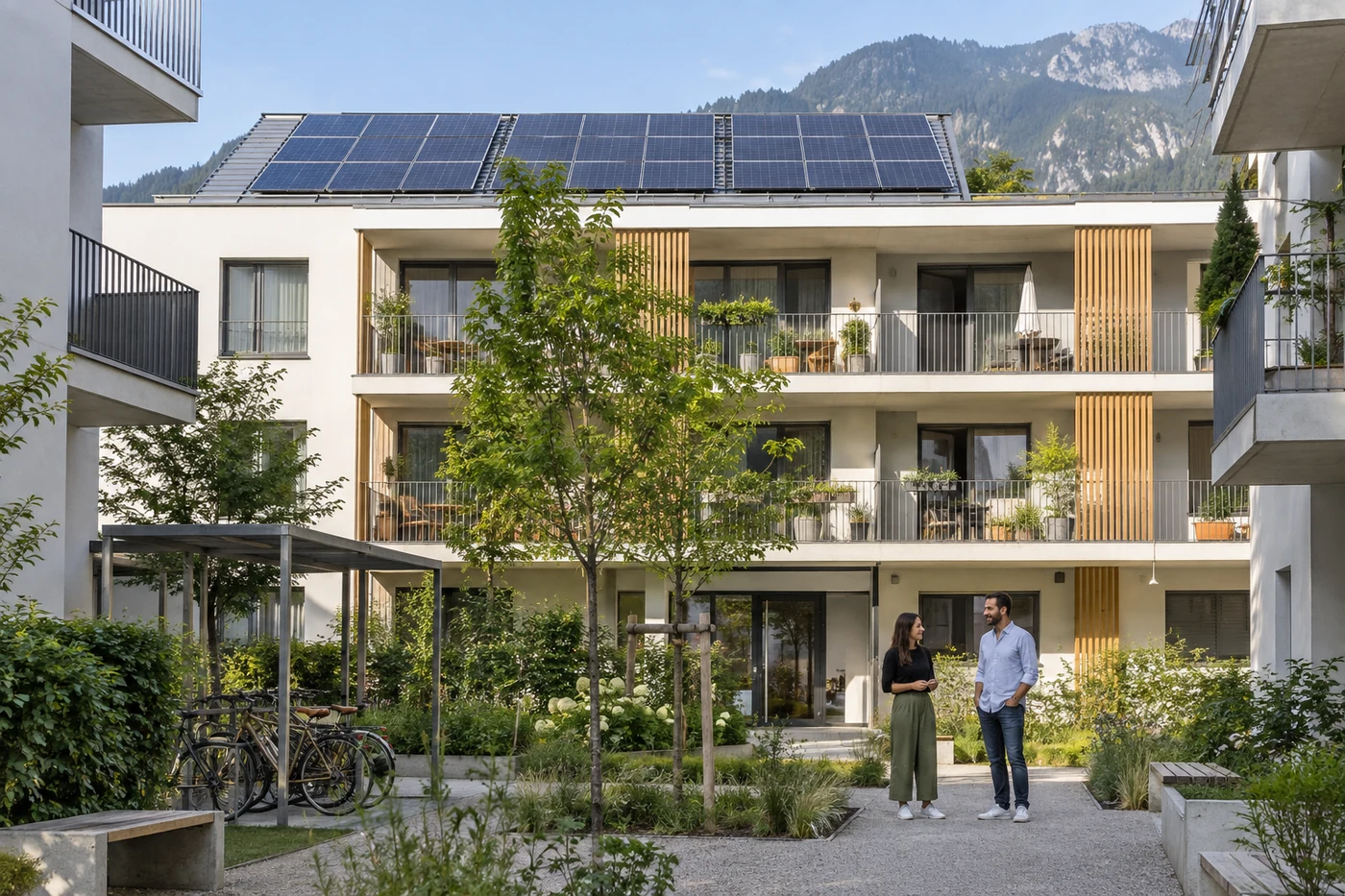 Mehrparteienhaus mit Solarmodulen und gemeinsamem Innenhof