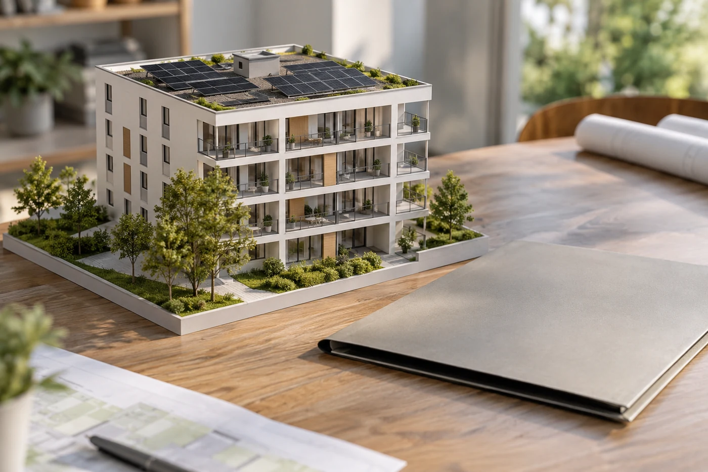 Wohnhausmodell mit Solarmodulen neben einer geschlossenen Mappe