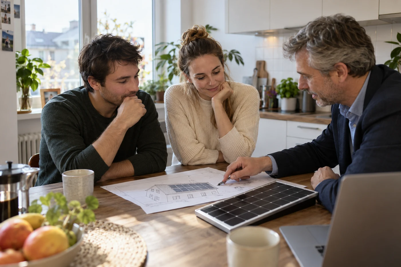 Drei Personen besprechen eine Photovoltaikplanung