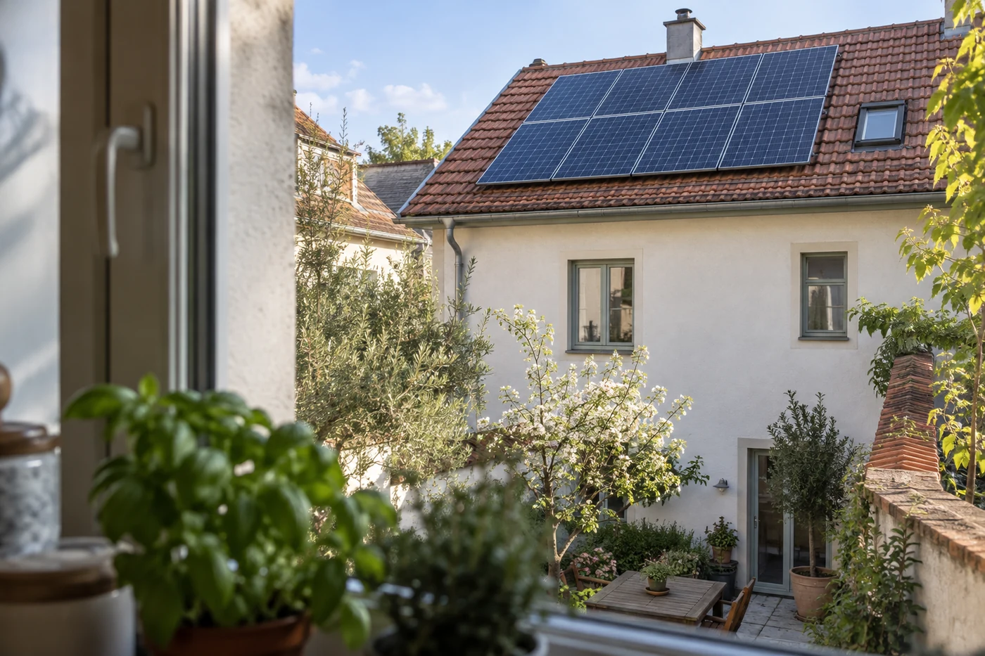 Blick aus einem Gartenfenster auf ein Haus mit Solarmodulen