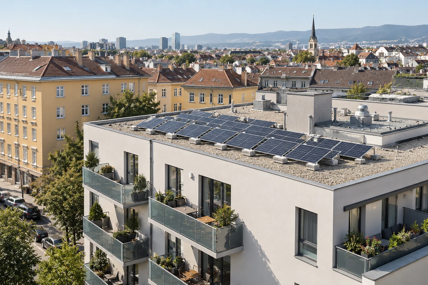 Photovoltaik auf dem Flachdach eines Stadtwohnhauses