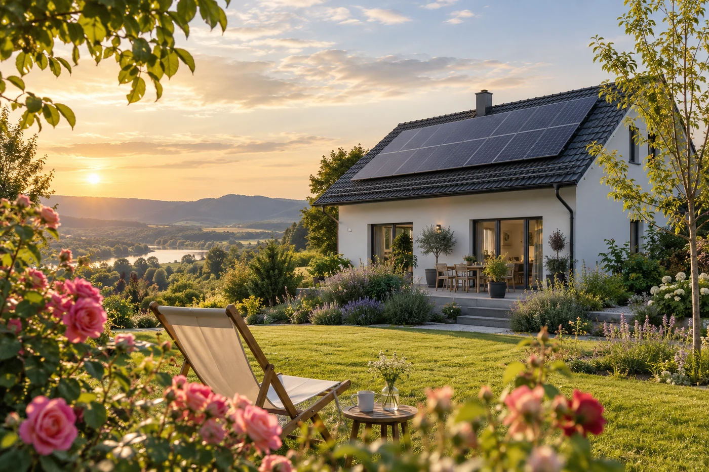 Solarmodule auf einem Familienhaus hinter einem blühenden Garten