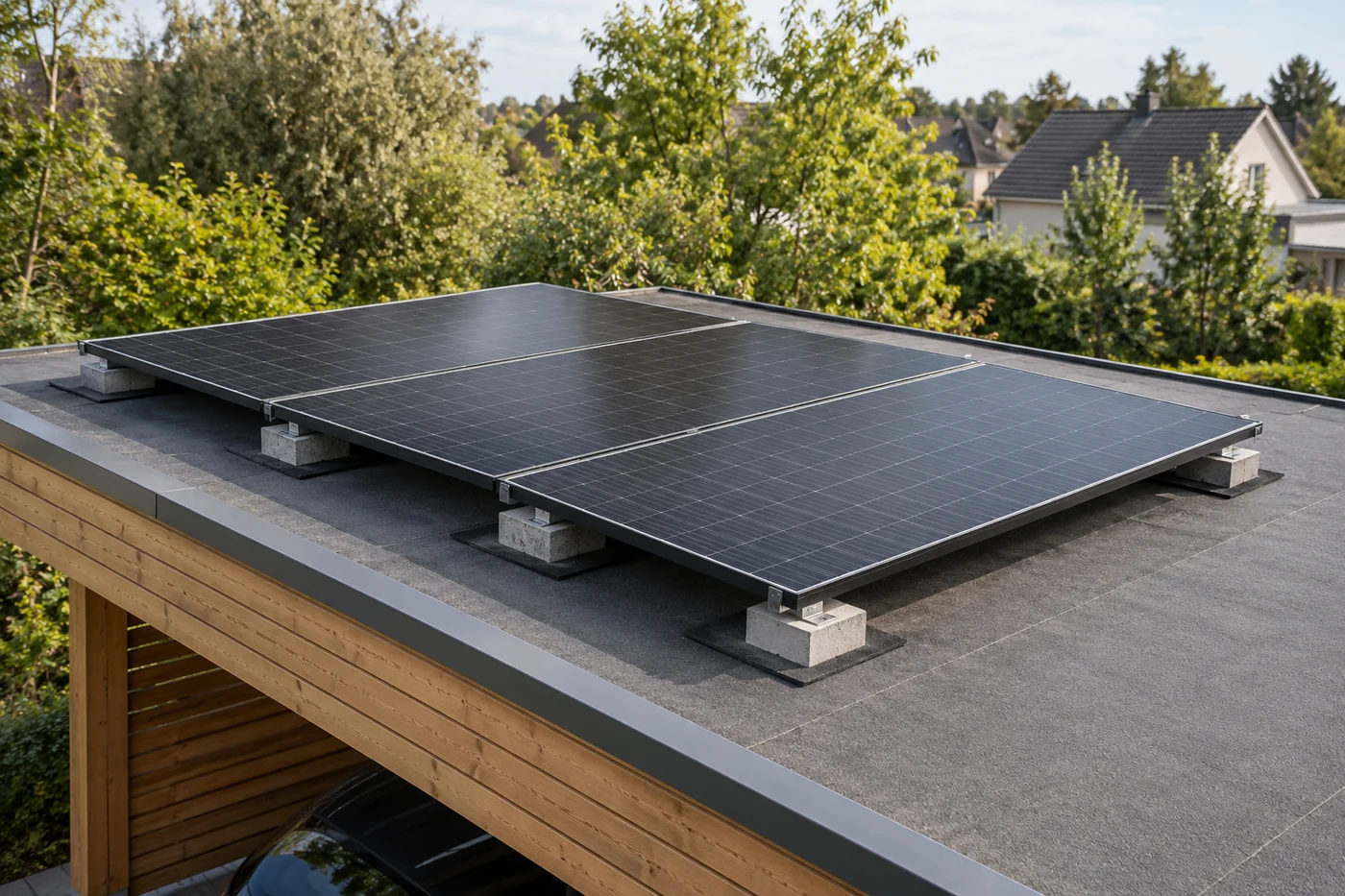 Solarmodule auf einem flachen Carportdach mit niedrigen Aufständerungen und Betonballast.