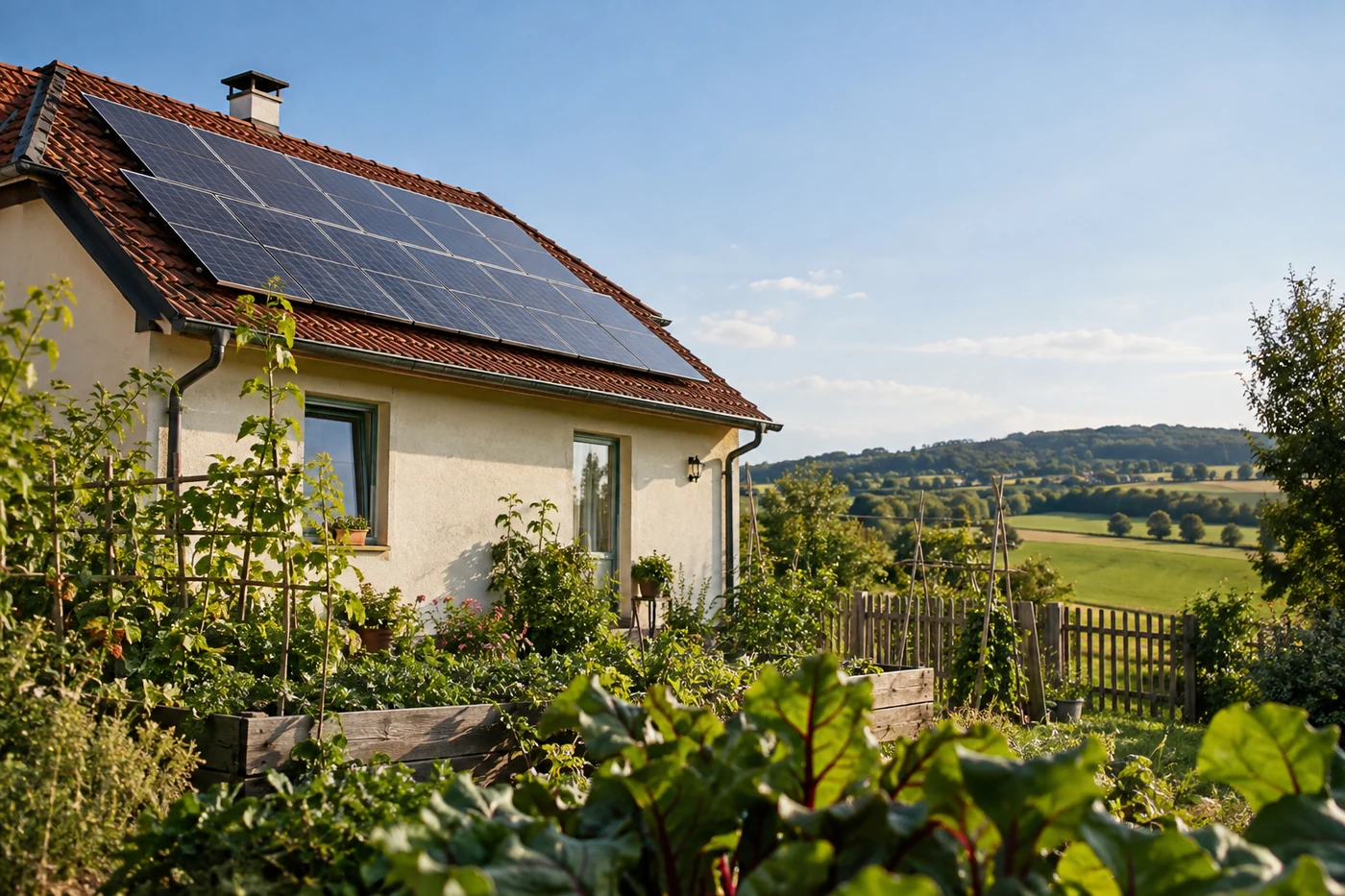 Solarmodule auf einem Wohnhaus neben einem Garten
