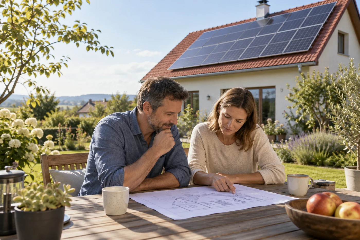 Zwei Personen besprechen eine Dachskizze vor einem Haus mit Solarmodulen.