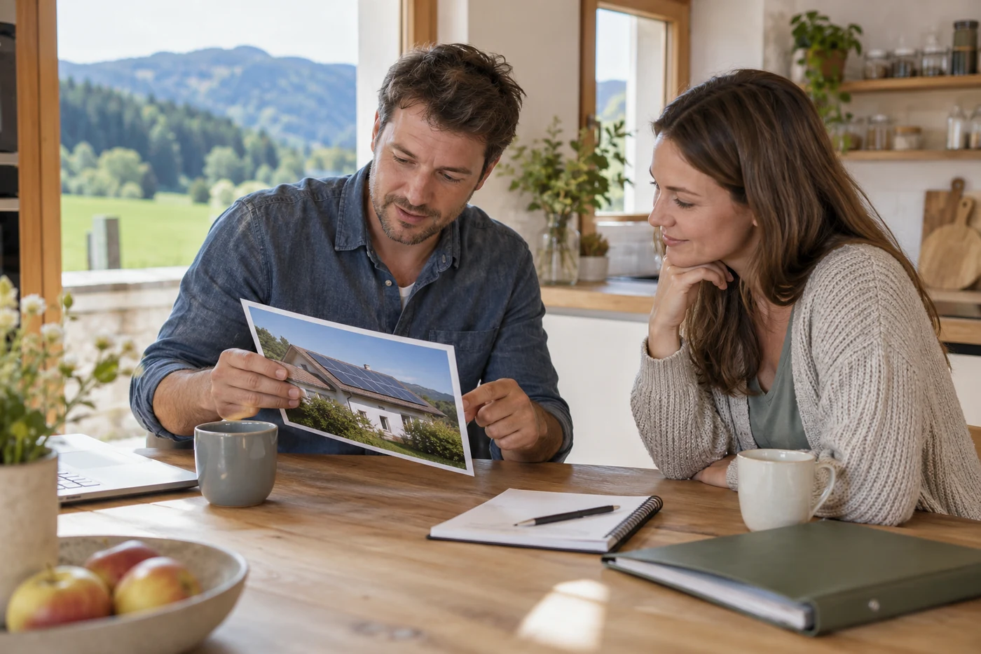 Zwei Personen besprechen ein Dachfoto