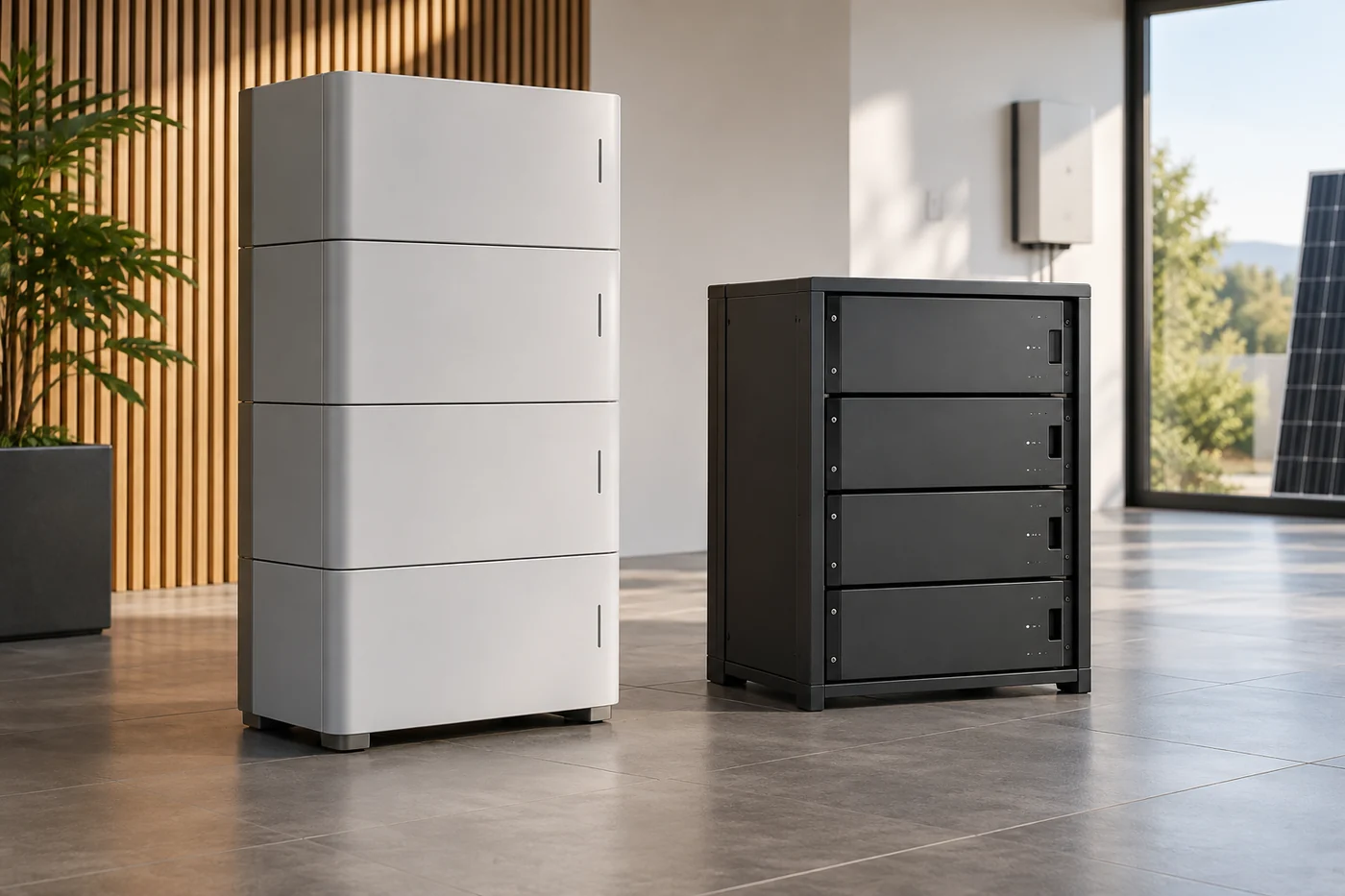 Zwei unmarkierte modulare Batteriespeichersysteme