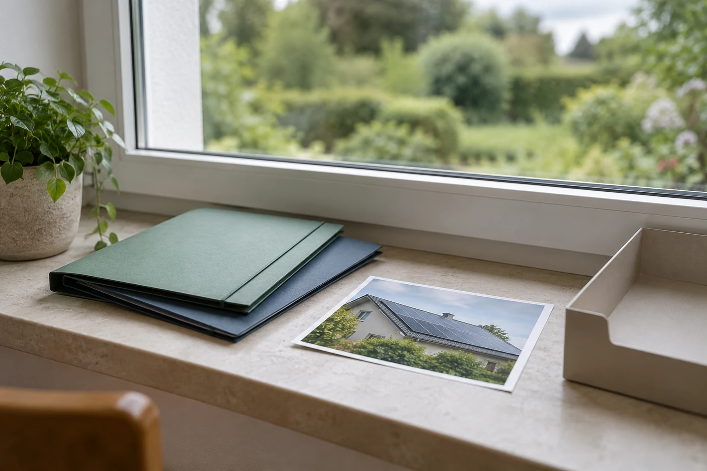 Projektmappen und ein Dachfoto an einer Fensterbank